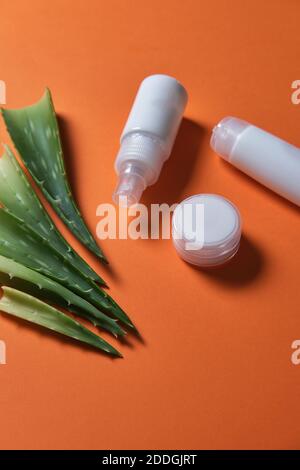 Draufsicht auf Gesichtspflegeprodukte aus weißem Kunststoff Gläser und Blätter der Aloe Vera Pflanze auf Orange gelegt Hintergrund im Studio Stockfoto