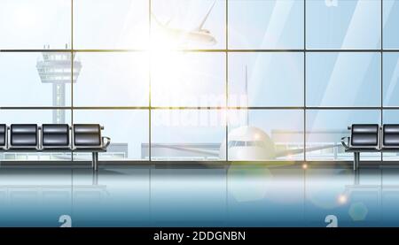 3d realistische Vektor Flughafen Terminal Wartebereich innen, mit großen Fenstern und Flugzeug und Stühle für das Warten. Stock Vektor