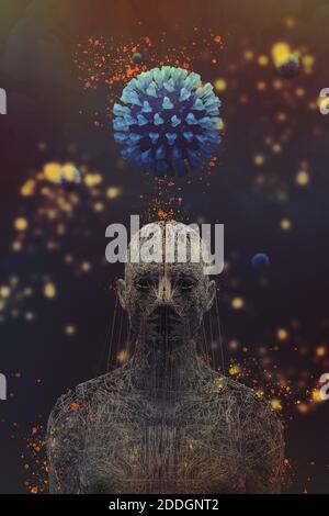 3d-Visualisierung der blauen Viruszelle über dem Kopf des Menschen Für das Gesundheitswesen konzeptionelle Gestaltung mit verschwommenem Hintergrund Stockfoto