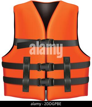 3d realistische Vektor orange Rettungsweste mit schwarzen Schnallen. Isoliertes Illustrationssymbol auf weißem Hintergrund. Stock Vektor