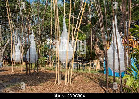 Darwin, NT, Australien-August 19,2018: Papierlaterne-Kunstinstallation mit hohen Bambusstäben für das Kunstfestival in Darwin, Australien Stockfoto