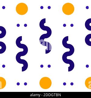 Nahtloses Muster mit blauen Wellen und gelben Kreisen und lila Punkten. Stock Vektor