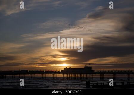 Moody wunderschöner Sonnenuntergang am Worthing Pier mit einem Rauschen der Stare über dem Pier. Stockfoto