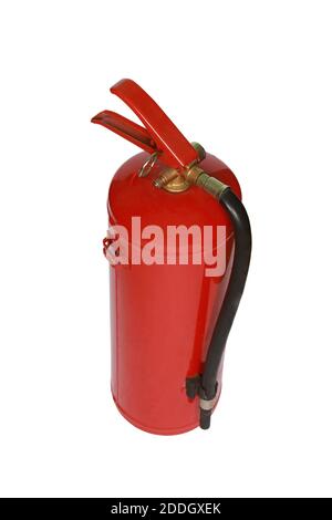 Ein vertikaler Schuss eines roten Feuerlöschers isoliert auf Ein weißer Hintergrund Stockfoto