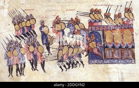 Illustrationen - Illuminationen aus der byzantinischen Geschichte Manuskript von John Skylitzes, 11. Jahrhundert n. Chr. Stockfoto