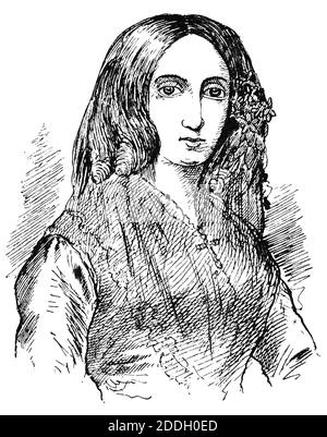 Porträt von Amantine Lucile Aurore Dupin (George Sand) - ein französischer Schriftsteller, Memoirist und Sozialist. Illustration des 19. Jahrhunderts. Weißer Hintergrund. Stockfoto