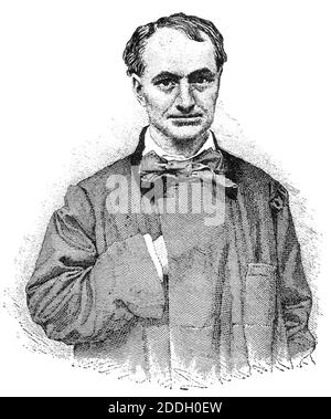 Porträt von Charles Pierre Baudelaire - ein französischer Dichter, Essayist, Kunstkritiker und einer der ersten Übersetzer von Edgar Allan Poe. Illustration des 19. Jahrhunderts. Weißer Hintergrund. Stockfoto