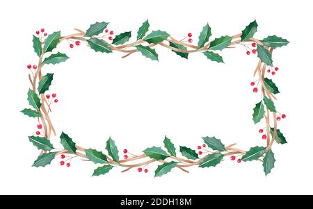 Aquarell Weihnachtsrahmen mit roten Beeren, Aquarell Neujahr Stockfoto