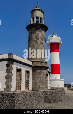 La Palma/Spain; September 11 2018: Fuencaliente old and new lighthouses, close view with sunlight, Canary islands Stock Photo