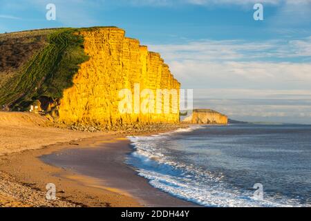 West Bay, Dorset, Großbritannien. November 2020. Die berühmten Sandsteinklippen leuchten golden orange in der späten Nachmittag Herbstsonne im Badeort West Bay in Dorset. Bild: Graham Hunt/Alamy Live News Stockfoto