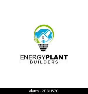 Eco House Logo-Vorlage. Grünes Haus Design.Blattform mit Elektrostecker. Stockfoto