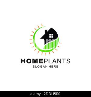 Einfache grüne Blätter und Home Logo Vorlage mit Licht Sonne Stockfoto