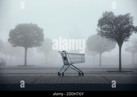 Verlassene Warenkorb auf Parkplatz in dichtem Nebel. Themen Einkaufen, Finanzkrise und düsteres Wetter. Stockfoto