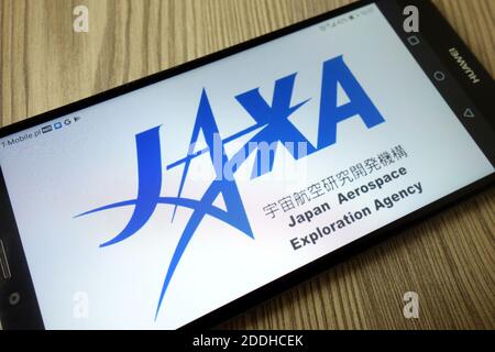 KONSKIE, POLEN - 21. Dezember 2019: Logo der Japan Aerospace Exploration Agency auf dem Mobiltelefon Stockfoto