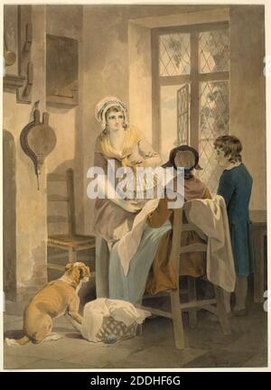 Vorbereitung auf den Markt, 1795 Francis Wheatley, Aquarell, Tier, Hund, Weiblich, Domestic Scene, Bellows Stockfoto