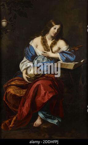 Der Büßer Magdalene, 1655-1665 Niccolo Renieri, Malerei auch bekannt als "Maria Magdalena in der Wildnis" Künstler auch als Nicolas Regnier bezeichnet. Maria Magdalena ist dargestellt, lehnt sich an eine bibel auf ihrer linken Seite und dargestellt mit ihren traditionellen Attributen: Ein Kruzifix (in der Ecke ihres linken Arms), ein Schädel (in ihrer rechten Hand), und ein Glas Salbe (in einer Nische, obere linke Ecke)., Ölgemälde, Barock, Bibel, weiblich, Religion, Christian, Maria Magdalena, Tod, Schädel, Religion, Neues Testament, Full-length Stockfoto