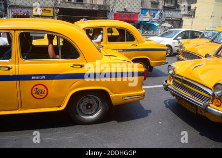 Kolkata, Indien - März, 2014: Traditionelle gelbe Retro-Taxis auf der Straße. Klassische Taxiwagen im Stau in Kalkutta Stockfoto