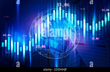 Doppelte Belichtung von Stadtbild und Forex-Grafiken über digitale Weltkugel Stockfoto