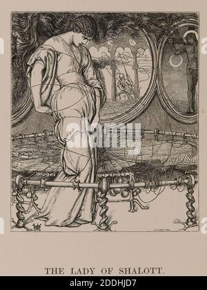 The Lady of Shalott Illustration auf p67 eines Gedichtbands von Tennyson, herausgegeben von Edward Moxon (London, 1857) Künstler:William Holman Hunt Graveur: Dalziel Brothers, BookPre-Raphaelite, Illustration Stockfoto