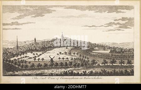 Gravur, East View of Birmingham in Warwickshire, 1750-1800, Landschaft, topographische Ansichten, Windmühle, Druck, Gravur, Birmingham Geschichte Stockfoto