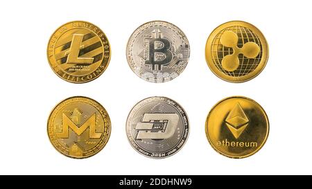 Satz von verschiedenen Krypto-Münzen auf weißem Hintergrund, digitale Währung. Stockfoto