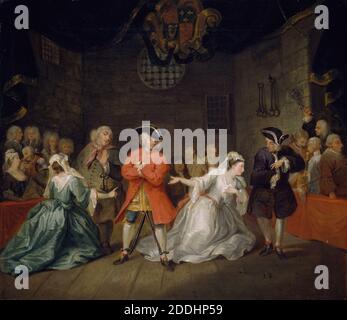 Szene aus John Gay's The Beggar's Opera, 1728 William Hogarth, The Beggar's Opera ist eine Balladenoper in drei Akten geschrieben 1728 von John Gay mit Musik arrangiert von Johann Christoph Pepusch., Ölgemälde, Satire, Theater, Oper, Schauspieler, Theater, Bühne Stockfoto