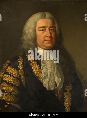 Porträt der RT. Hon. Henry Pelham ( 1694-1754) John Shackleton, Henry Pelham FRS (1694-1754) war ein britischer Whig-Staatsmann, der vom 27. August 1743 bis zu seinem Tod als Premierminister von Großbritannien diente. Pelham gilt allgemein als Großbritanniens dritter Premierminister nach Sir Robert Walpole und dem Earl of Wilmington., Ölgemälde, Porträt, Textilien, Spitze, Kostüm, Perücke Stockfoto