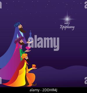 Vektor-Illustration von Epiphanie, ein christliches Fest. Jesus Christus kurz nach seiner Geburt. Abstract 3 Könige Blick auf Stern in dunklen Nacht Hintergrund Stock Vektor