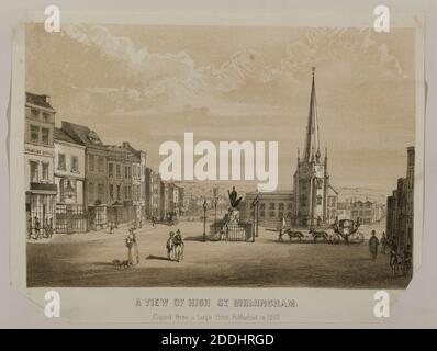 Lithographie, A View of High Street, Birmingham Topographische Ansichten, Vol II, View of High St, Birmingham, mit St. Martin's Church und Statue von Nelson. Kopiert von einem 1812 erschienenen Großdruck., Topographische Ansichten, Drucken, Gravieren, Drucken, Lithographie, Marktplatz, Architektur, Kirche Stockfoto