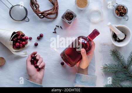 Hausgemachte alkoholische Getränke Vorbereitung. Flach auf Preiselbeertinktur mit Ethanol, Beeren und Gewürzen legen. Stockfoto