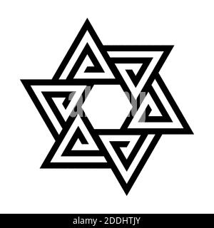 Dreiecke Sechseck minimales Logo Design. Abstrakte Vektorgrafik isoliert auf weißem Hintergrund. Stock Vektor