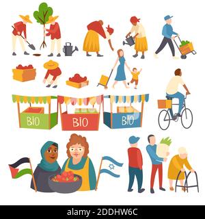 Set von Ikonen Menschen Pflanzen Bäume, Ernte Ernte auf dem Feld, Mutter mit Kind, Frauen mit Ernte hält palästinensische und israelische Fahnen, Bio-Produkte in Marktständen Cartoon flache Vektor-Illustration Stock Vektor