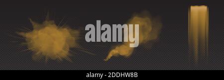 Explosion und Strömung von braunem Staub, fallender Sand mit glühenden Partikeln isoliert auf transparentem Hintergrund. Vektor realistische Satz von Pulverspritzern und Wolken. Bewegungseffekt von Staub fließt Stock Vektor