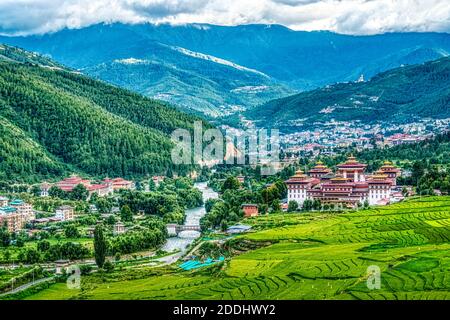 Landschaftlich schöner Blick auf Thimphu City in Bhutan Stockfoto