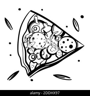 Skizzenvektor Pizza Scheibe Handzeichnung. Pizza Illustration Ion weißen Hintergrund. Ideal für Menü, Poster oder Label. Stockfoto