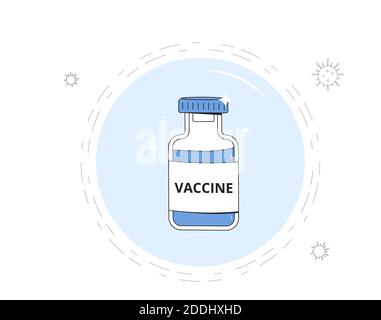 Symbol „Impfstoff“. Flasche Coronavirus-Impfstoff. Komplette Forschung und Entwicklung.Vektor-Linie Kunst flache Illustration. Stock Vektor