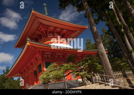 Horizontale schräge Ansicht der Dai-to Pagode (Konpon Dai-to) in Danjo Garan (Garan) Buddhistischer Komplex, Koyasan, Japan Stockfoto