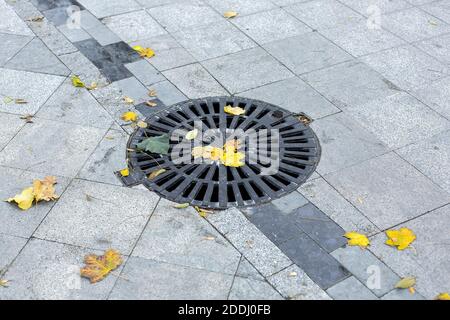 Schachtabdeckung rund schwarz Metallgitter auf einem Stadtpark Fußgängerweg gepflastert mit Granit grauen Fliesen Nahaufnahme Blick Herbst Mit gefallener Yello würzen Stockfoto