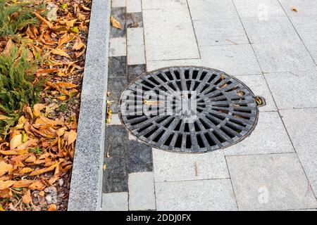 Schachtabdeckung rund schwarz Metallgitter auf der Gasse Stadtpark Nahaufnahme Ansicht Herbstsaison mit gefallenen gelben Blättern auf Blumenbeet, niemand. Stockfoto