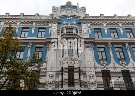 Elizabetes iela 10b Gebäude, von Mikhail Eisenstein, Riga, Jugendstilarchitektur, Lettland Stockfoto