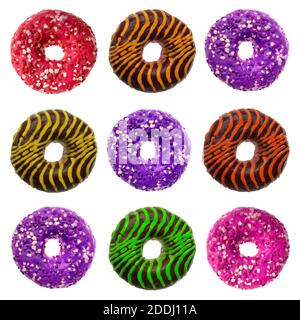 Collage von appetitlich amerikanischen Donuts auf weißem Hintergrund isoliert Stockfoto