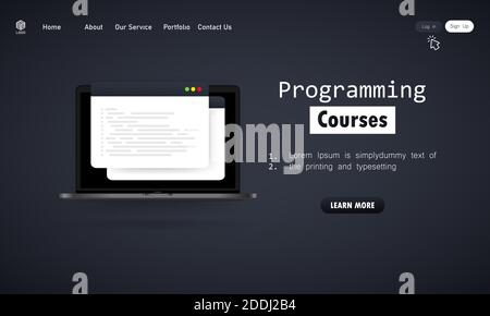 Abbildung zu Programmierkursen. Cyber-Bildung Kurskonzept. Online-IT-Kurse. Lernen der Codierung auf dem Laptop. Vektor auf isoliertem Hintergrund. EPS 10 Stock Vektor