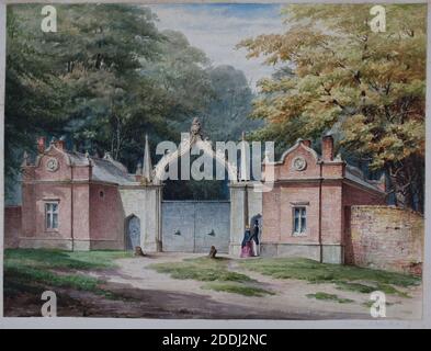 Lodge Gates, Eingang zur Aston Hall, 1850-1880 Elijah Walton, Aquarell, topographische Ansichten, West Midlands, Eingang, Architektur, Birmingham Geschichte, England, Midlands, Tor, Arbeiten auf Papier Stockfoto