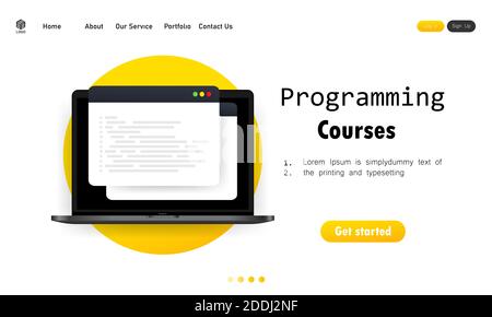 Abbildung zu Programmierkursen. Cyber-Bildung Kurskonzept. Studieren Erstellen von Programm-Software. Lernen der Codierung auf dem Laptop. Vektor auf isoliert Stock Vektor