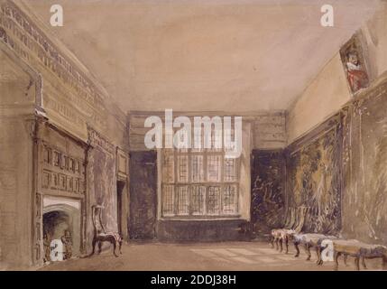 Drawing Room, Haddon Hall, 1831 David Cox, Fenster, Aquarell, Kamin, Innenarchitektur Stockfoto