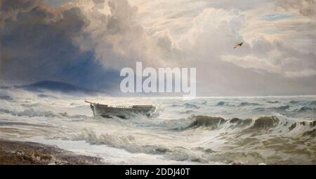Raues Wetter an der Küste, Cumberland, 1874 Henry Moore (d. 1895), Boot, Ölgemälde, Wolke, Seascape, Wellen, Küste, Strand, Wetter, Sturm, Meereskunst, Maritime Stockfoto