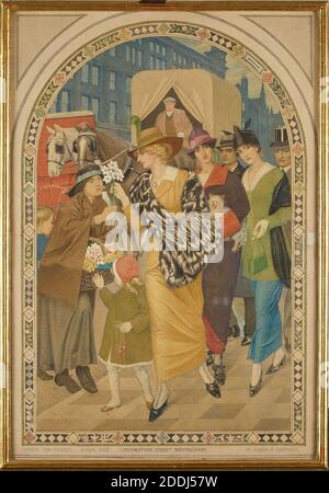 Entwurf für Fresko 'Corporation Street, Birmingham im März 1914' von Joseph Edward Southall, bezogen auf das Bild von Fresko in situ 'Corporation Street, Joseph Edward Southall', Kunstbewegung, Präraffaelite, Aquarell Stockfoto