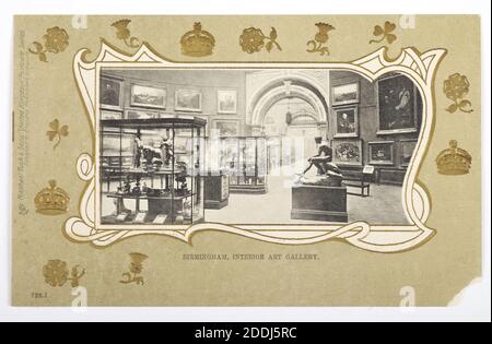 Postkarte, Birmingham Museum & Art Gallery Round Gallery, 1900-1910, Interior of Round Gallery, BMAG, in geprägtem grünen Rand der nationalen Embleme., topographische Ansichten, Birmingham Geschichte, Round Room Stockfoto