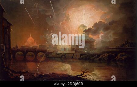 Feuerwerk an der Engelsburg, 1774-1778 Blick auf Rom bei Nacht mit dem Petersdom und dem Vatikan im Hintergrund. Von Joseph Wright von Derby, Italien, Ancient Monument, Reflection, River, Fireworks, Explosion Stockfoto