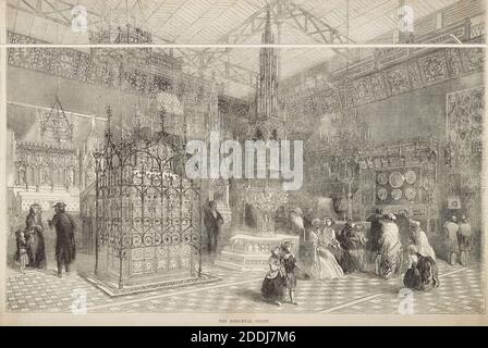 Gravur, große Ausstellung, Crystal Palace, London 1851 Ansicht des 'Medieval Court' bei der großen Ausstellung, 1851. Ausstellung von Möbeln im gotischen Stil, darunter die von J Hardman & Co, Birmingham. In Tinte, links:- 'Crystal Palace; Illustrated Cyclopedia: 1851', Sozialgeschichte, topografische Ansichten, Wissenschaft und Industrie, Druck, Gravieren, Birmingham Geschichte Stockfoto